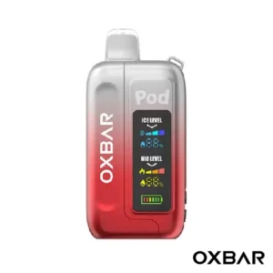 Clear Ruby Red Oxbar Ice-Nic Control 35K Disposable vape with a sleek modern design, ruby red finish, compact body, and visible Oxbar branding.