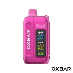 Pink Strawberry Burst Oxbar Ice-Nic Control 35K Disposable featuring a vibrant strawberry-themed finish, sleek contoured body, digital display, and recognizable Oxbar branding.