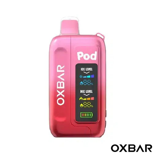 Strawberry Splash Oxbar Ice-Nic Control 35K Disposable featuring a fruit-inspired design, streamlined casing, detailed display panel, smooth finish, and Oxbar branding.